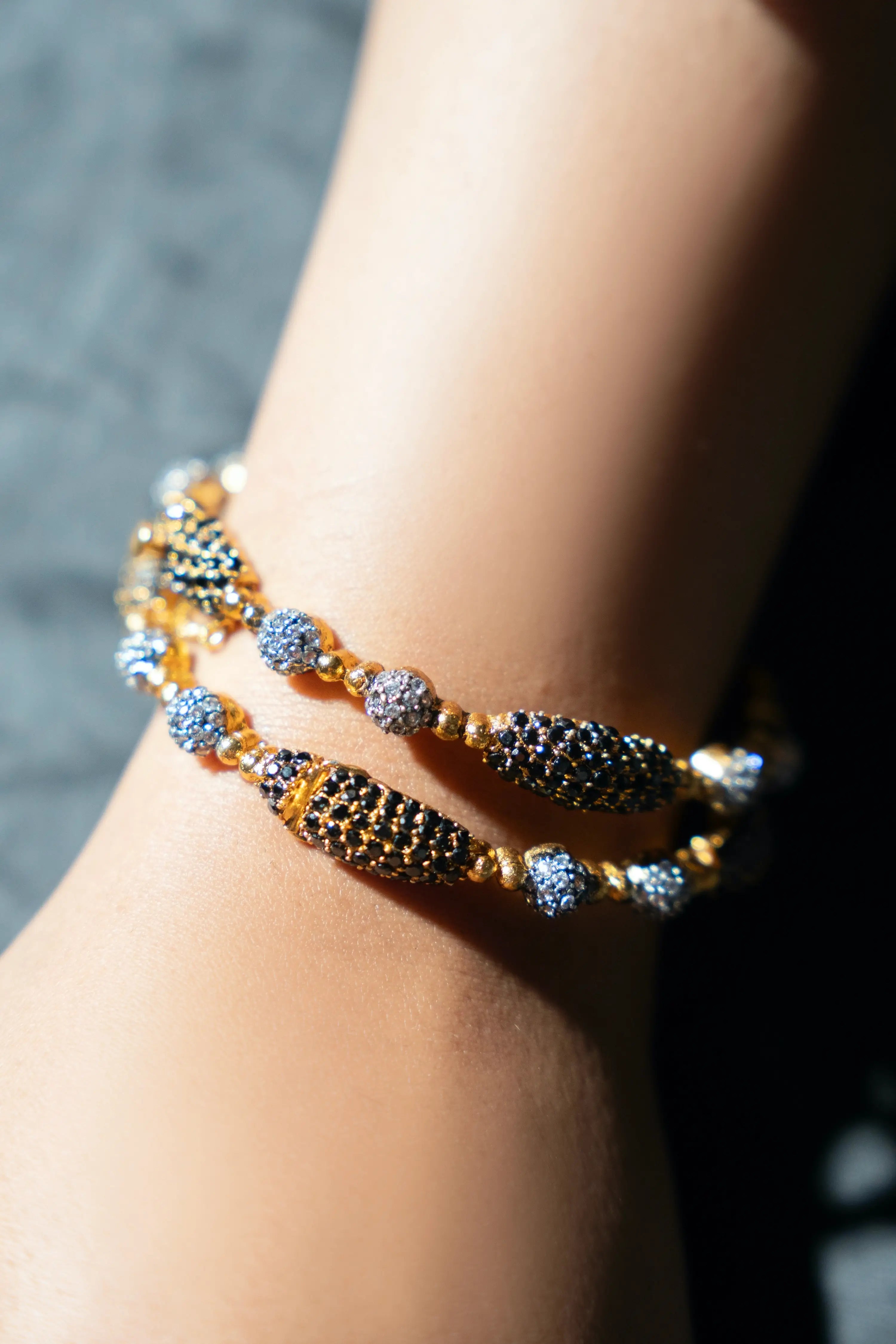 Gold Plated Bangles with Black & Silver Stone