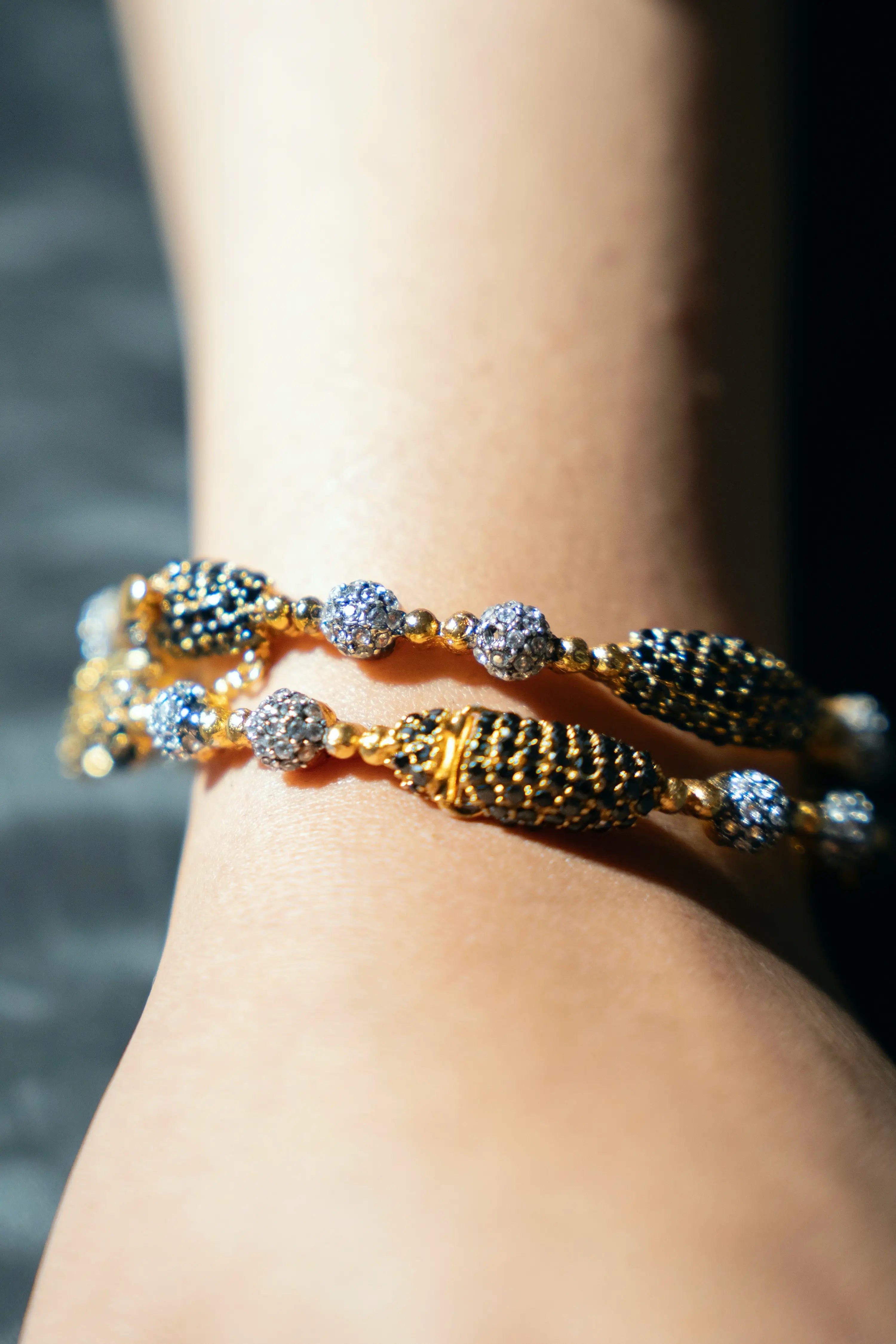 Gold Plated Bangles with Black & Silver Stone