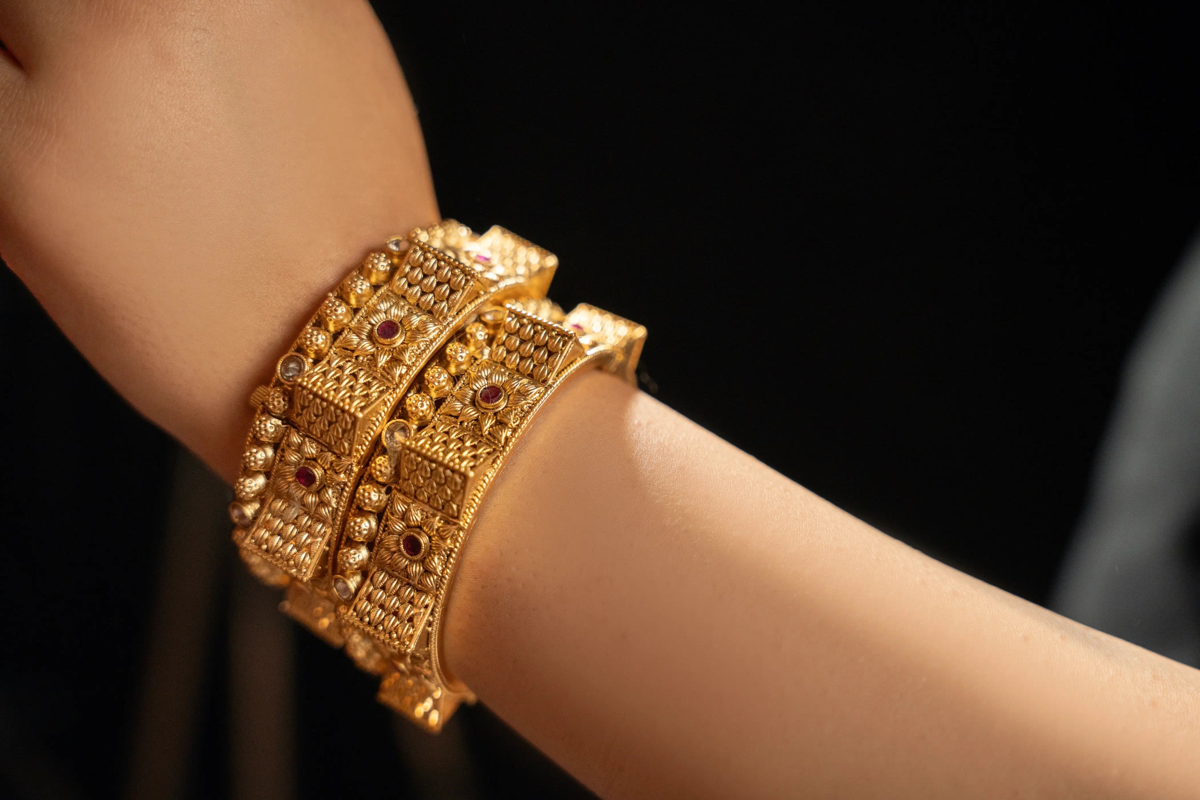 Traditional Rajwadi Gold Bangles with Ruby Accents