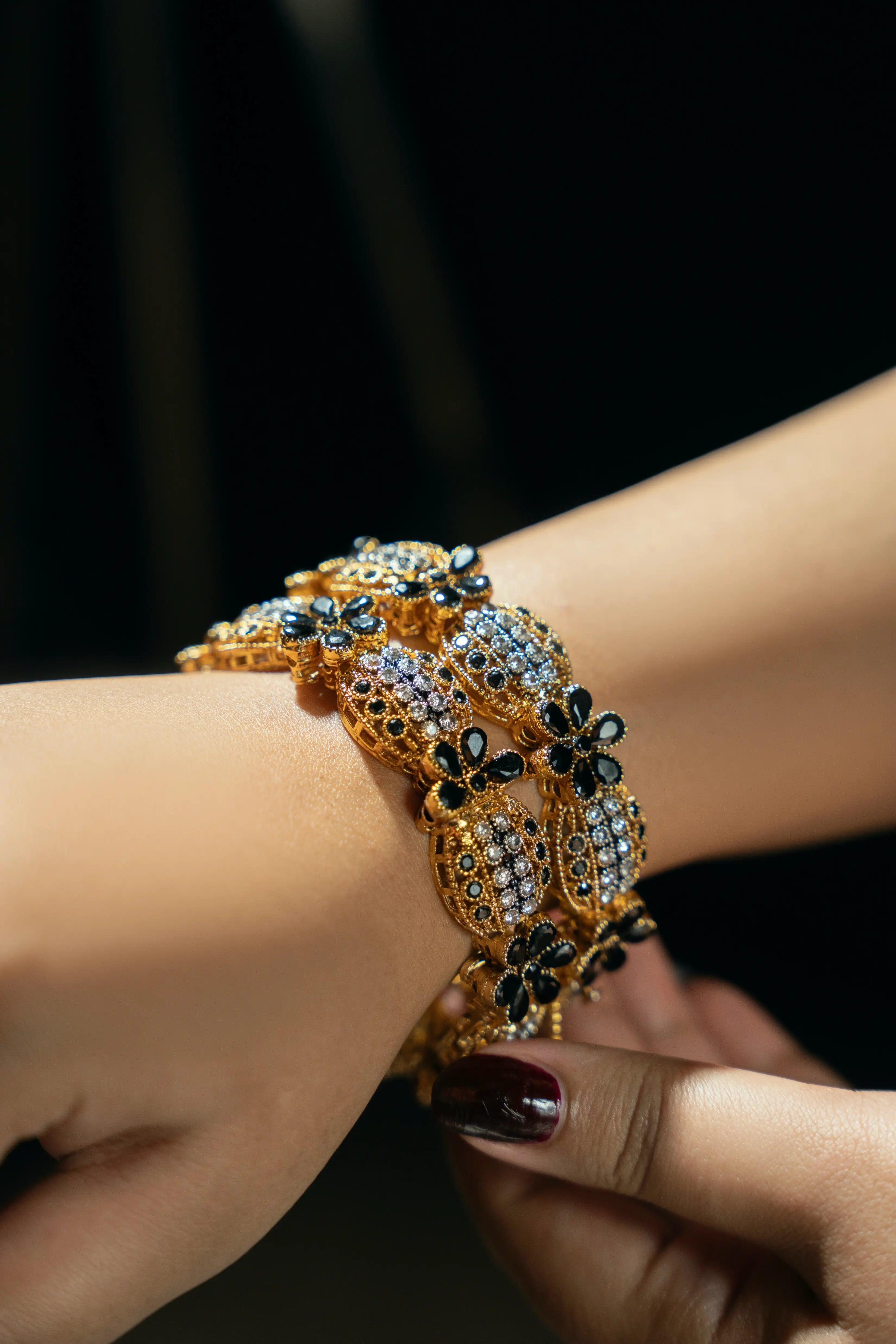 Gold Bangles with Black Floral Design