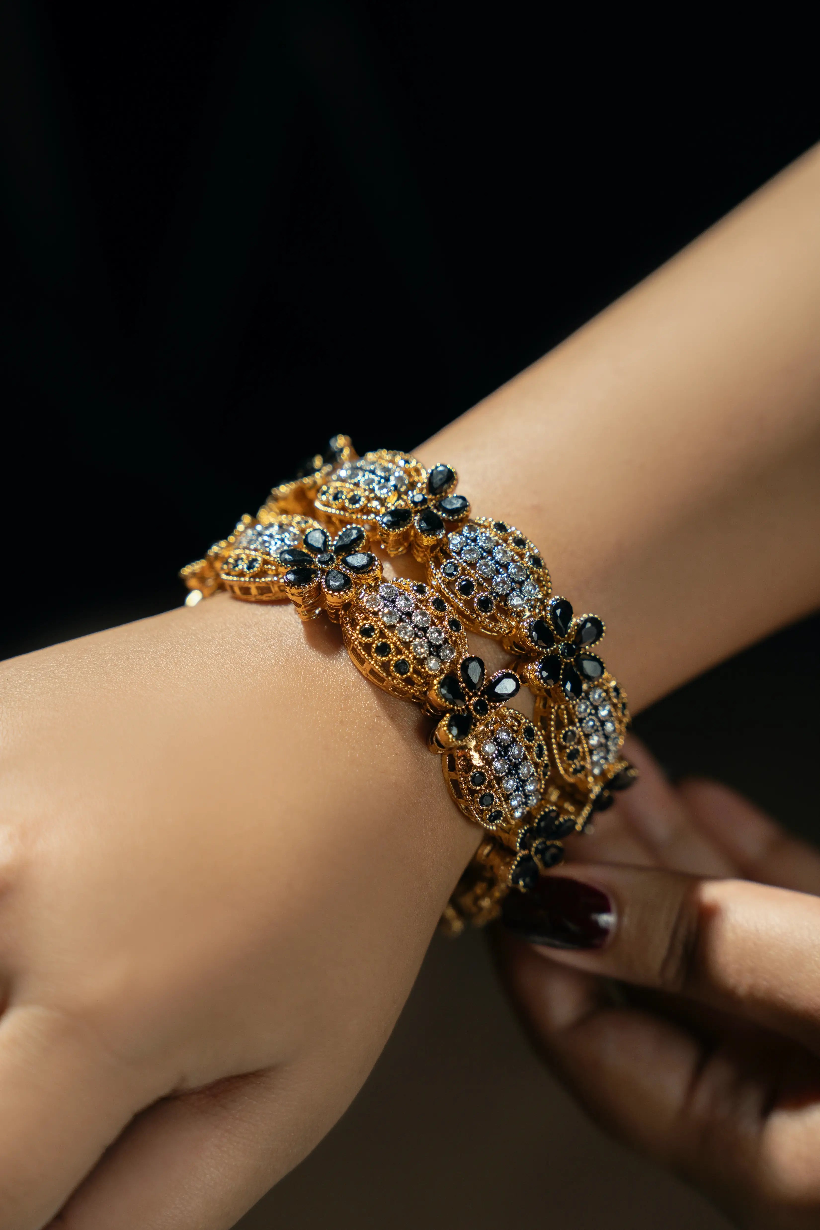 Gold Bangles with Black Floral Design